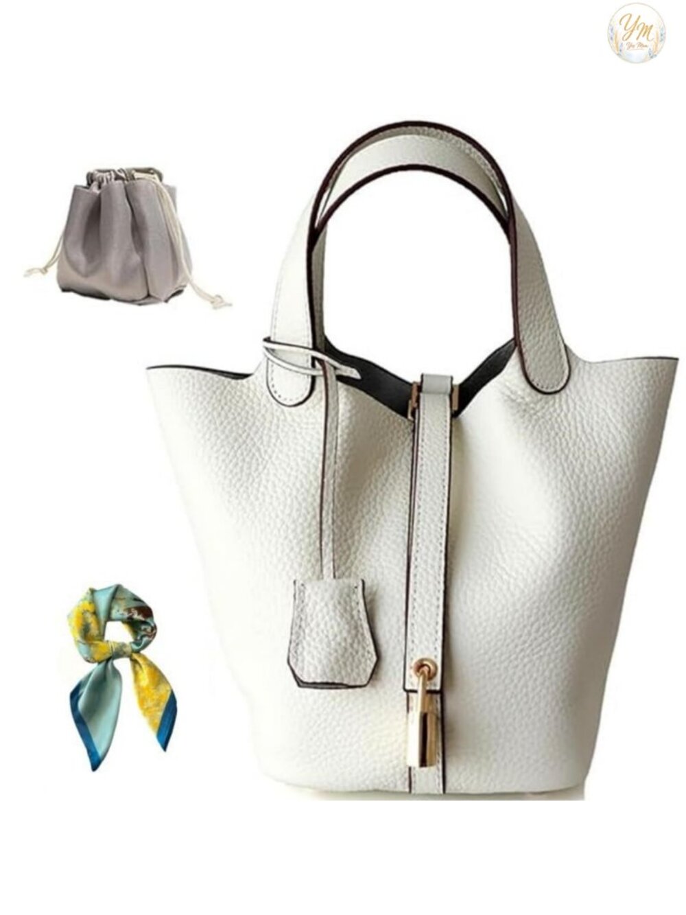 Genuine Leather Bucket Bag Women Lock Design Shoulder Handbag Top-Handle Tote